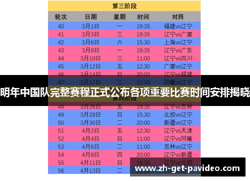 明年中国队完整赛程正式公布各项重要比赛时间安排揭晓
